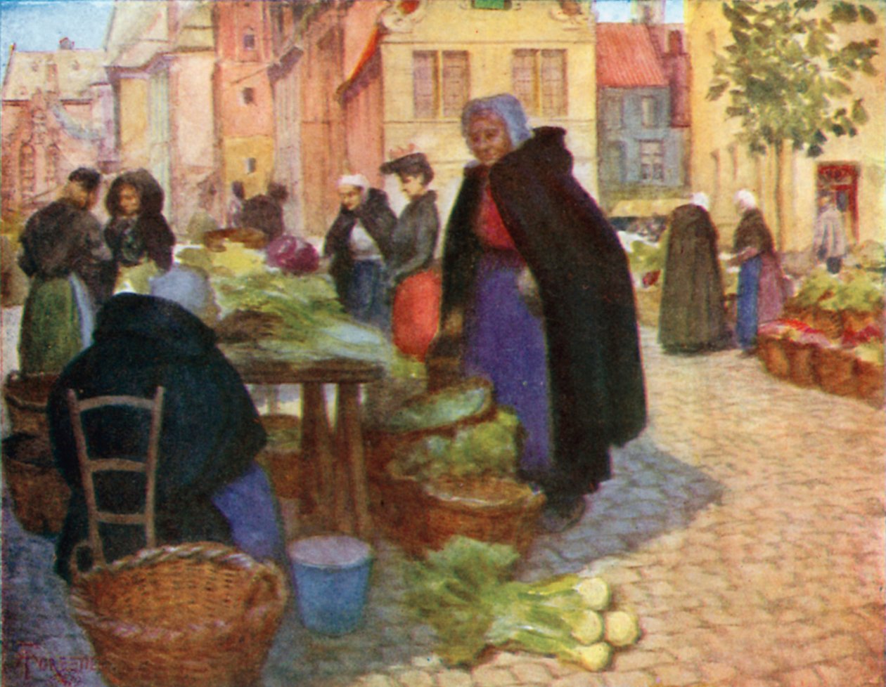 Groentenmarkt, Brugge (kleurenlitho) door Amedee (after) Forestier