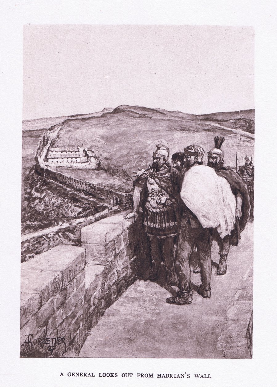 Een generaal kijkt uit over de Muur van Hadrianus, illustratie uit De Romeinse Soldaat, 1928 door Amedee Forestier