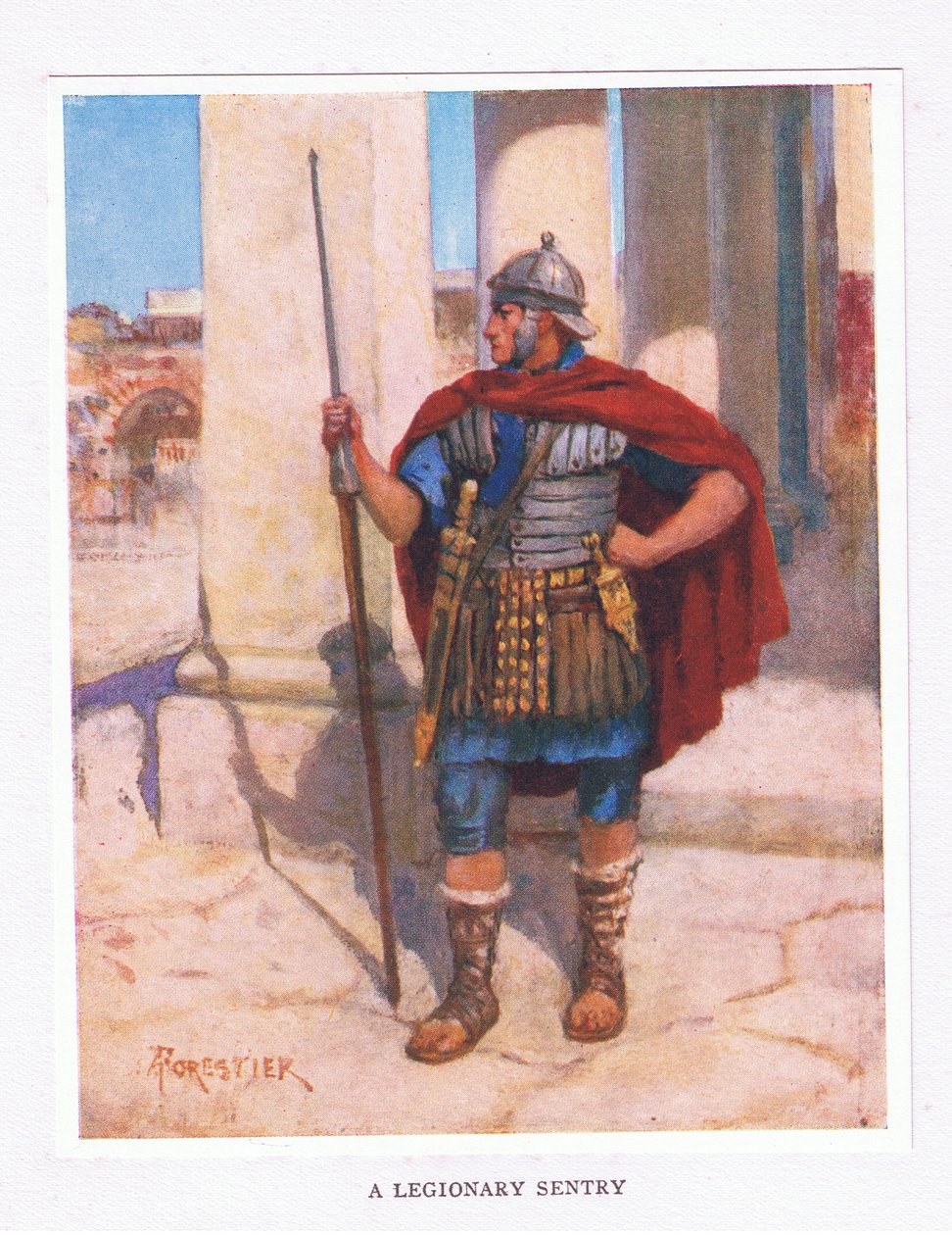 Een legioensoldaat op wacht, illustratie uit De Romeinse Soldaat, 1928 door Amedee Forestier