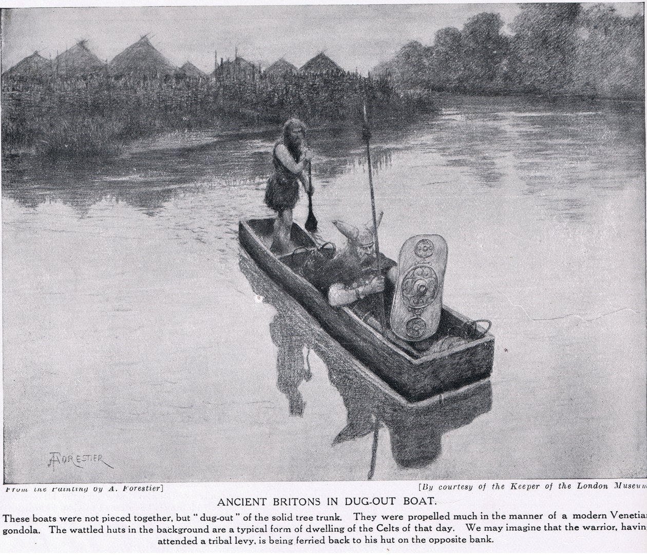 Oude Britten in uitgeholde boot, illustratie uit 