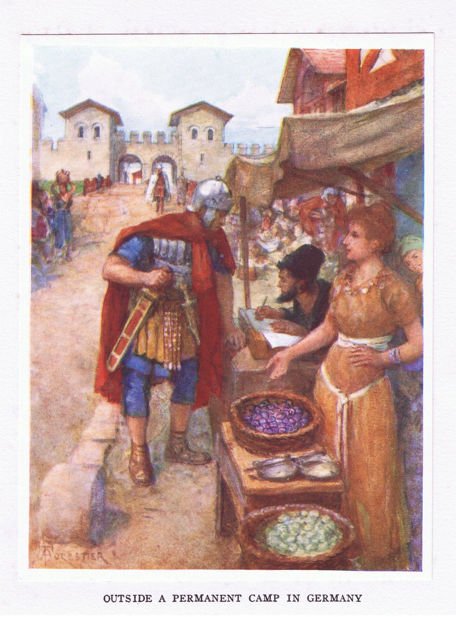 Buiten een permanent kamp in Duitsland, illustratie uit De Romeinse Soldaat, 1928 door Amedee Forestier