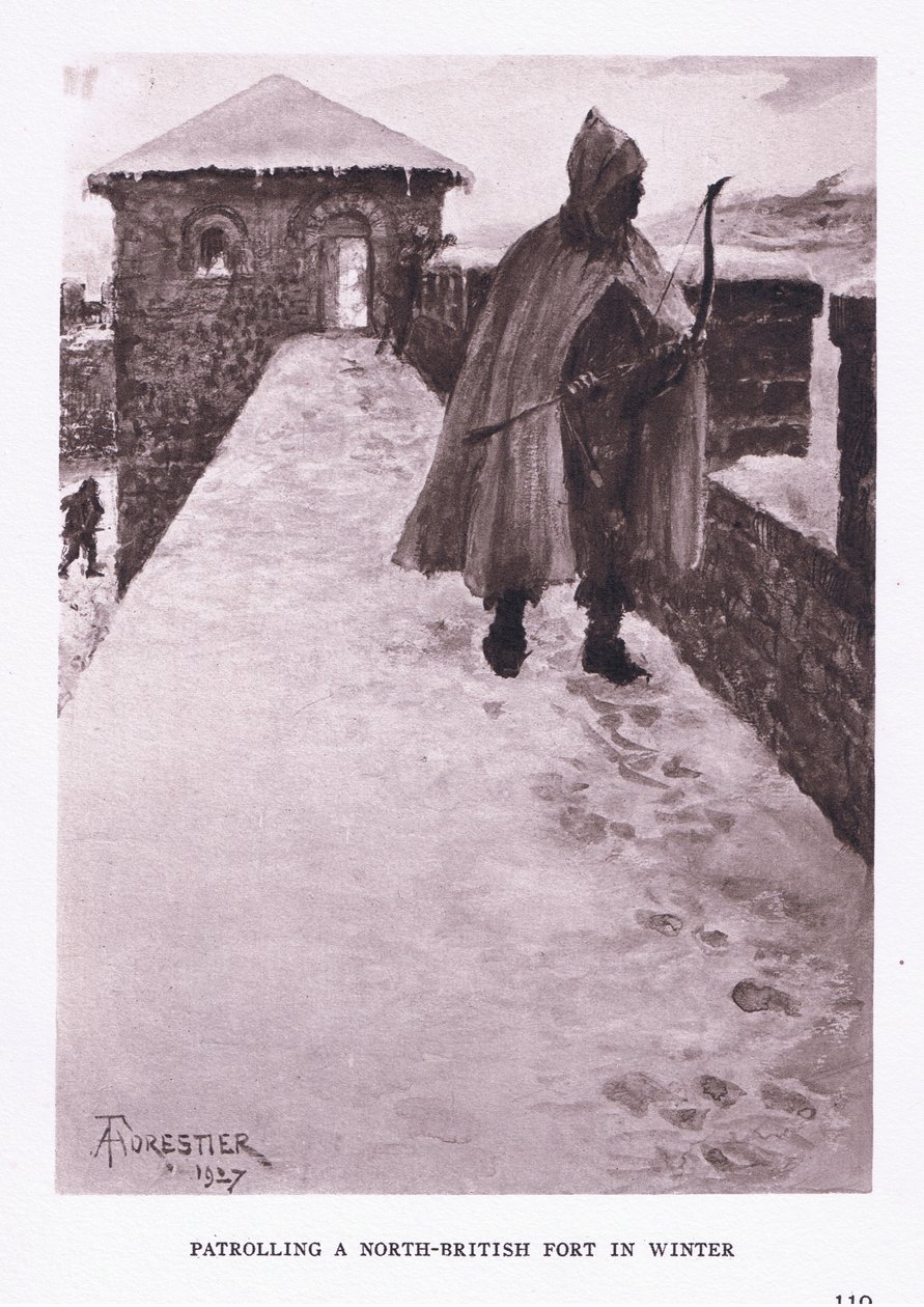 Patrouilleren bij een noordelijk Brits fort in de winter, illustratie uit De Romeinse Soldaat, 1928 door Amedee Forestier