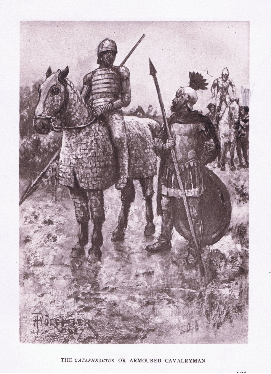 De Cataphractus of gepantserde ruiter, illustratie uit De Romeinse Soldaat, 1928 door Amedee Forestier