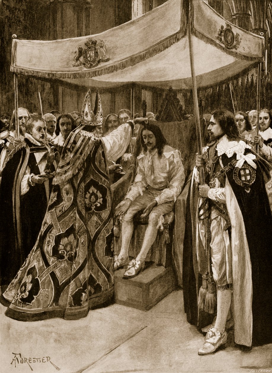 De zalving van Karel I door George Abbot, aartsbisschop van Canterbury, in Westminster Abbey, op Maria-Lichtmis, 1626 door Amedee Forestier