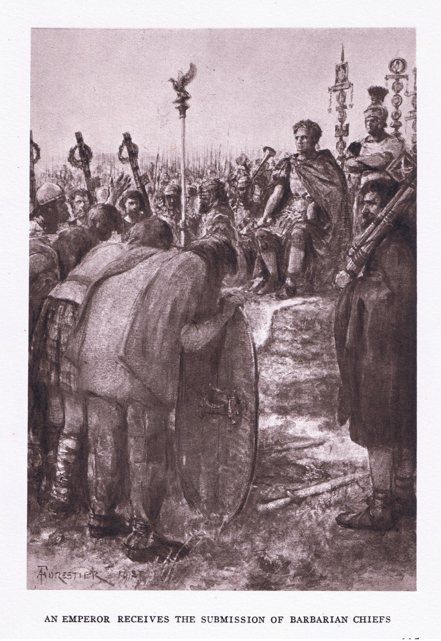 De keizer ontvangt de onderwerping van barbaarse stamhoofden, illustratie uit De Romeinse Soldaat, 1928 door Amedee Forestier