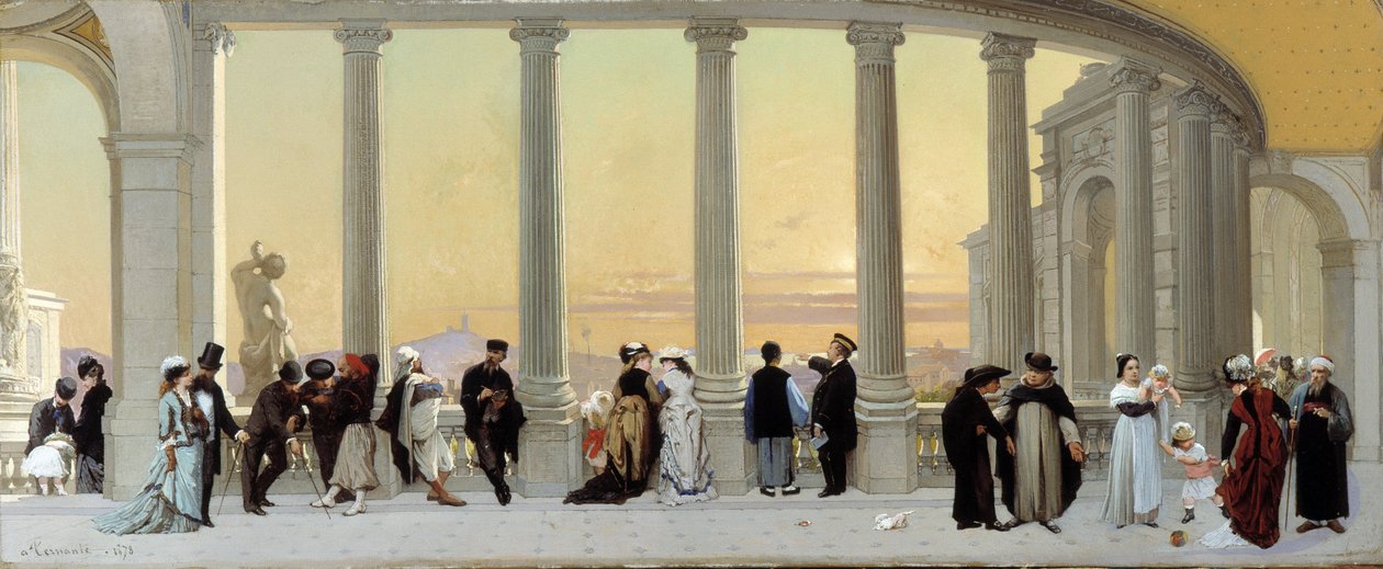 Personages op het terras van het paleis Longchamp in Marseille door Amedee Ternante Lemaire