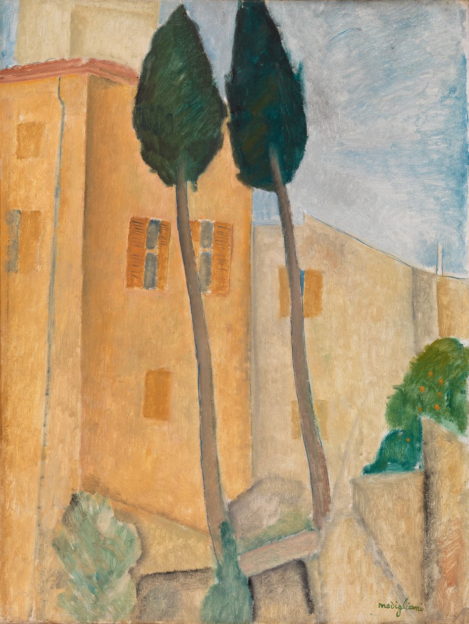 Cipressen en huizen in Cagnes door Amedeo Modigliani