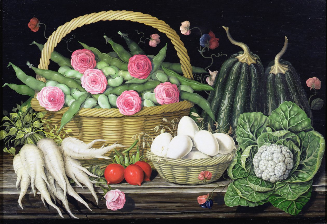 Eieren, tuinbonen en rozen in mand, 1995 door Amelia Kleiser