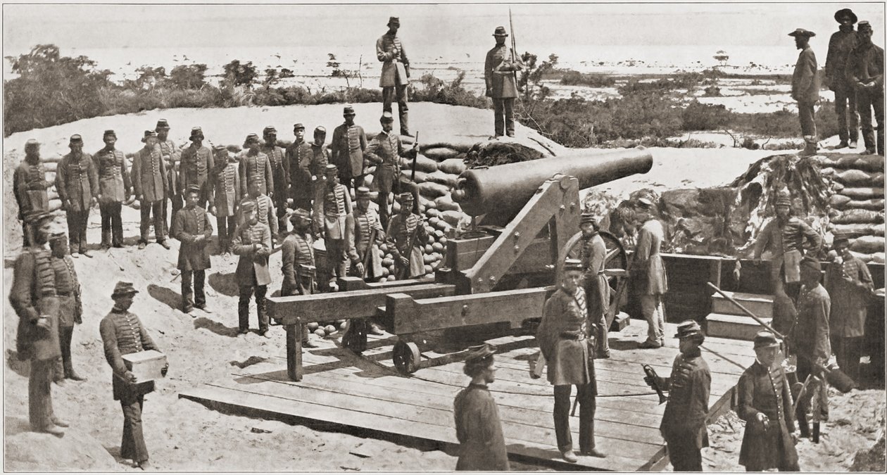 Geconfedereerd 32-ponder kanon en militiekanonniers met uitzicht op de ingang van Pensacola Bay, Florida, voorafgaand aan de Amerikaanse Burgeroorlog, maart 1861 door American Photographer