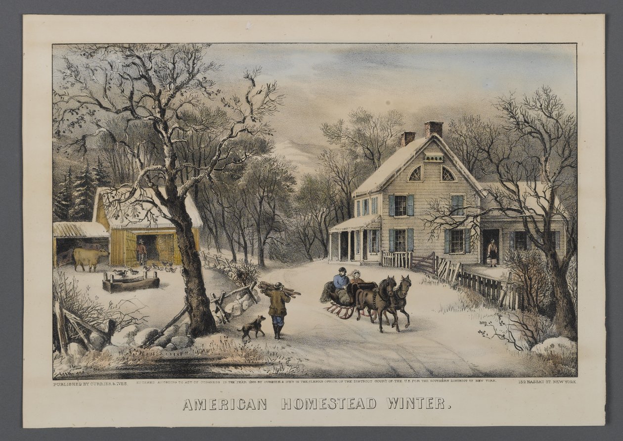 Amerikaanse boerderij in de winter, uitgegeven door Currier & Ives, New York, 1868-69 door American School