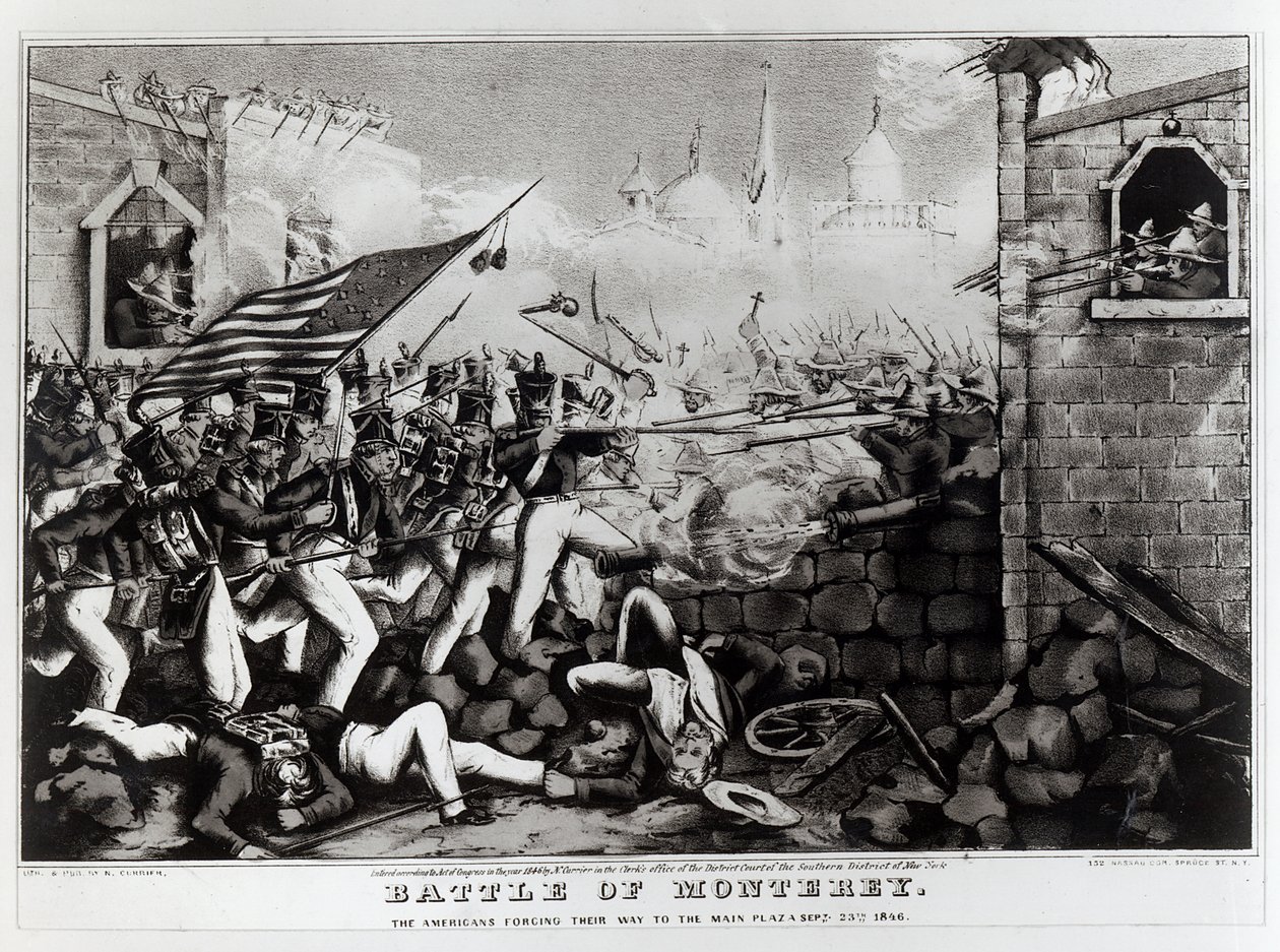 Slag bij Monterey: De Amerikanen banen zich een weg naar het hoofdplein, 23 september 1846, gegraveerd en gepubliceerd door Nathanial Currier, 1846 door American School