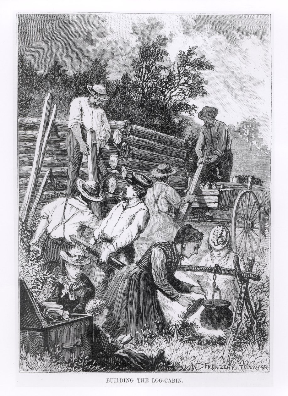 Het bouwen van de blokhut, gegraveerd door Charles Maurand door American School