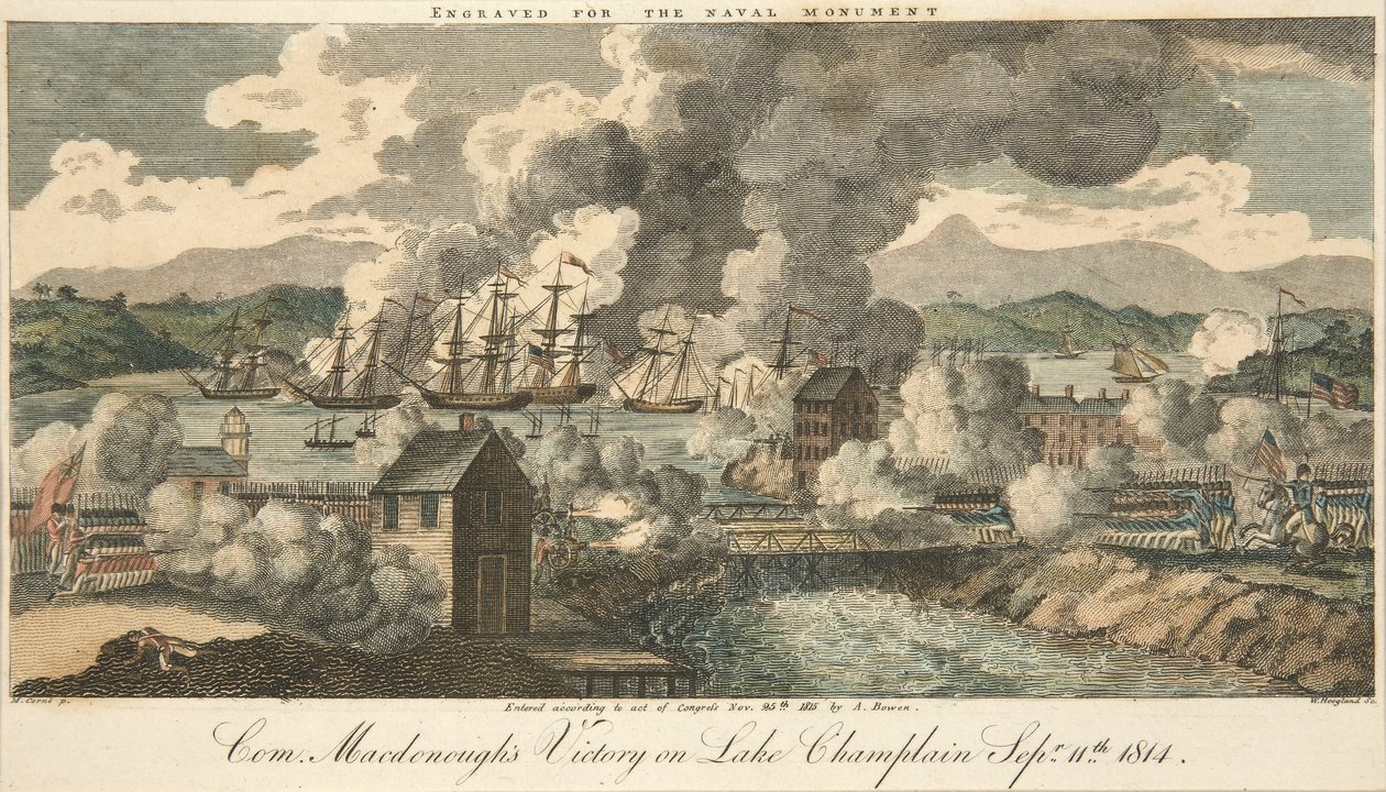 Overwinning van Com. Macdonough op Lake Champlain 11 september 1814, gepubliceerd 1815 (handgekleurde gravure) door American School