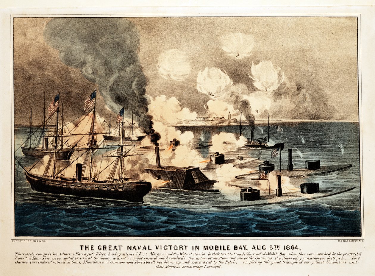 Grote zeeslag in Mobile Bay, 5 augustus 1864, uitgegeven 1864, Currier & Ives door American School