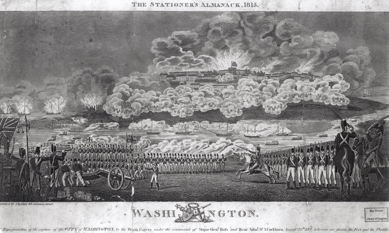 Weergave van de verovering van de stad Washington door de Britse troepen, 24 augustus 1814, uit 