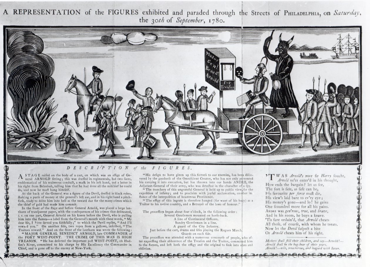 Voorstelling van de figuren tentoongesteld en geparadeerd door de straten van Philadelphia op zaterdag 30 september 1780 door American School