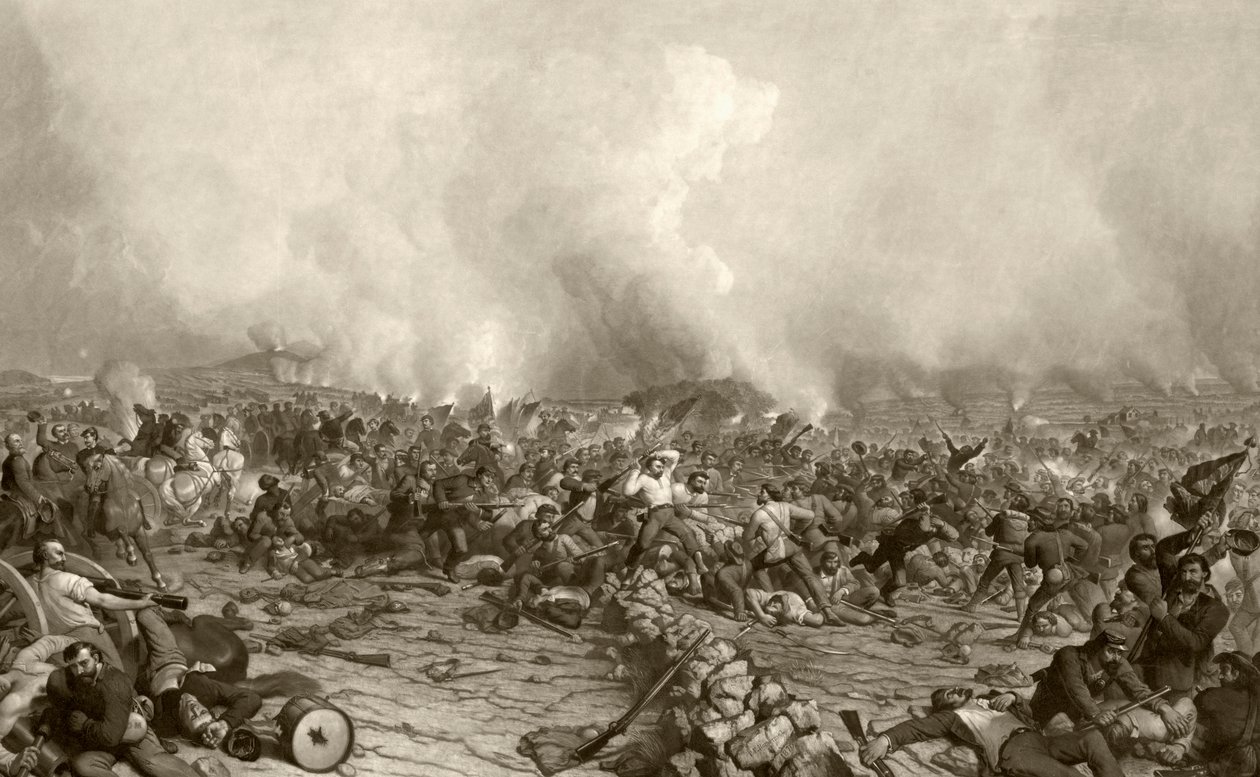 De Slag bij Gettysburg, naar een 19e-eeuwse prent gegraveerd door John Sartain door American School