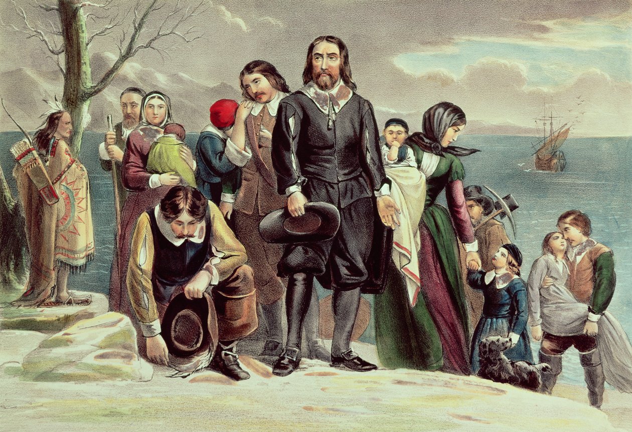 De Landing van de Pelgrims in Plymouth, Massachusetts, 22 december 1620 gepubliceerd door Currier en Ives door American School