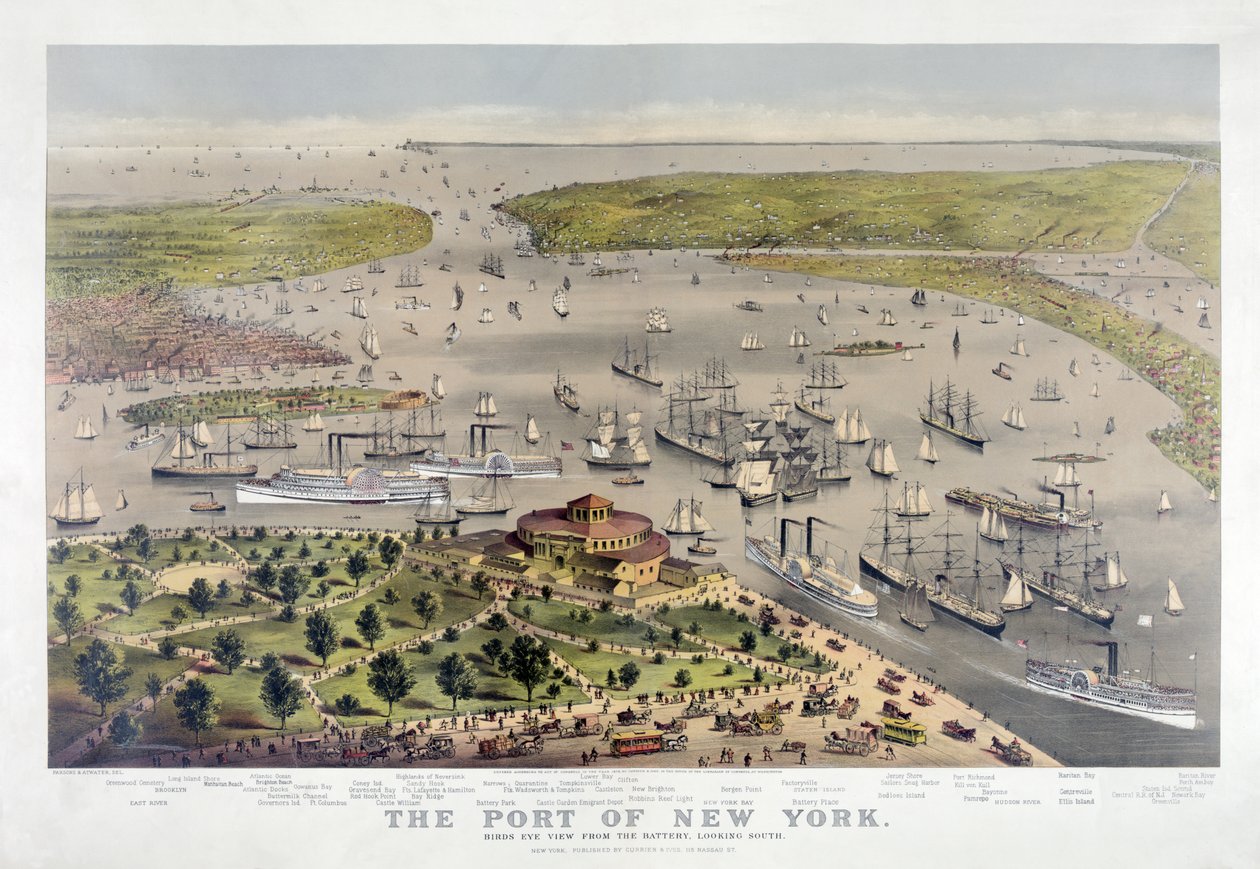 De haven van New York: vogelperspectief vanaf de Battery, kijkend naar het zuiden, uitgegeven 1878 door American School