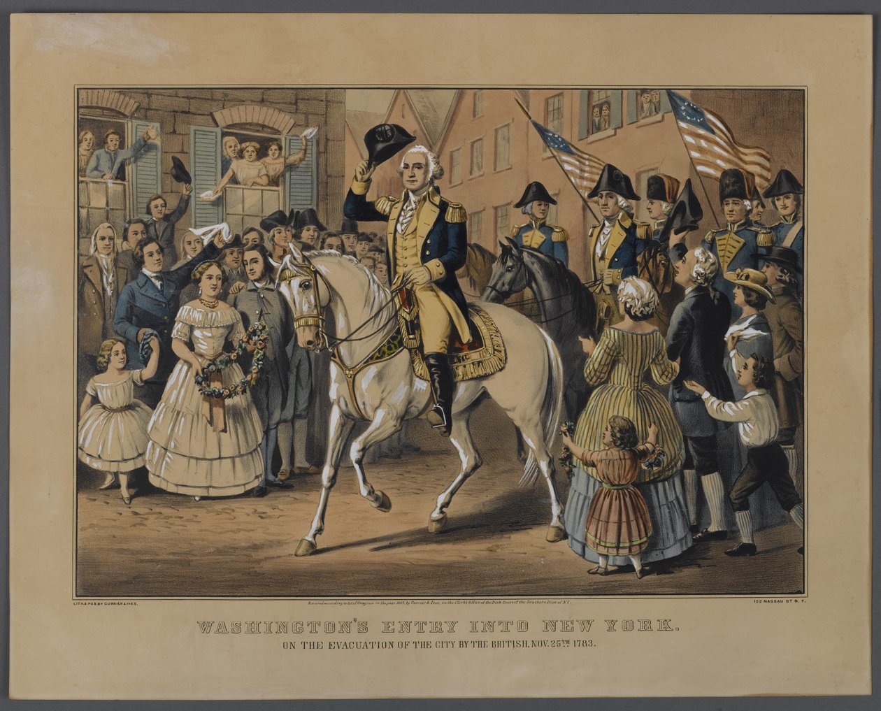 Washingtons intocht in New York, uitgegeven door Currier & Ives, New York, 1857 door American School