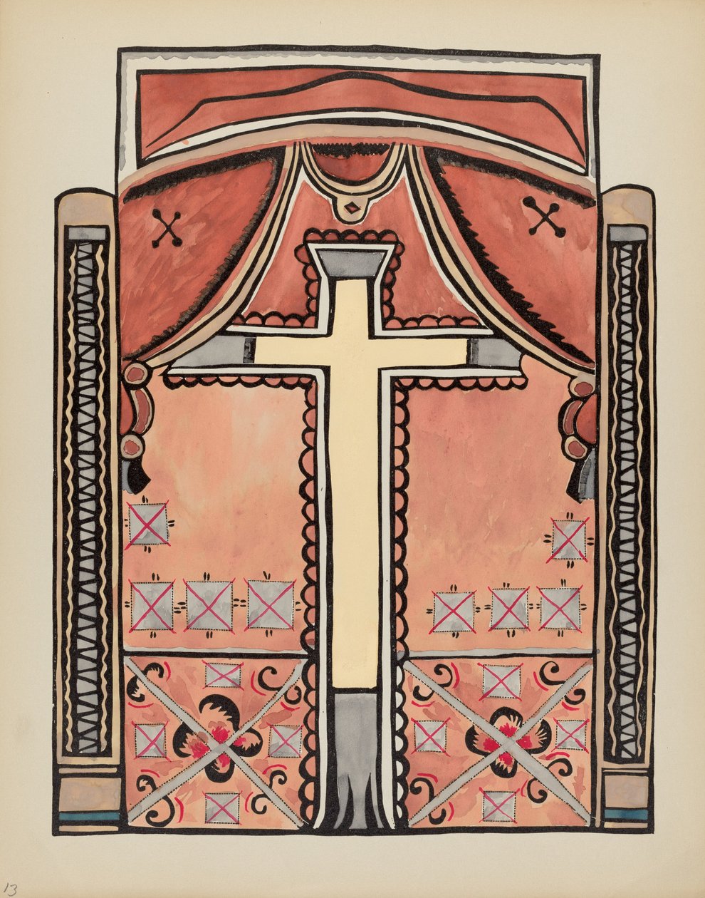 Plaat 13: Ontwerp met kruis: Uit portfolio "Spaanse koloniale ontwerpen van New Mexico" door American 20th Century