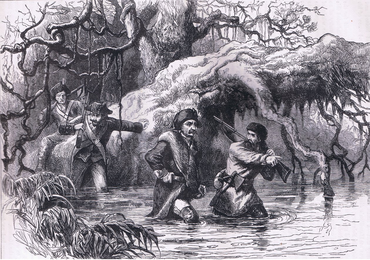 Clarke en zijn soldaten steken de Wabash over, illustratie uit Cassells Geschiedenis van de Verenigde Staten gepubliceerd door Cassell, Petter & Galpin, ca. 1900 (litho) door American English school