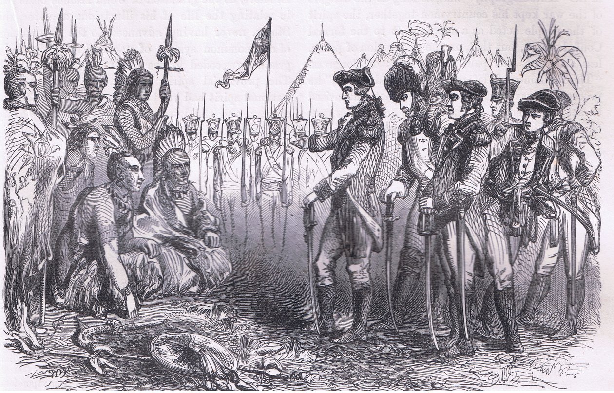 Generaal Burgoyne spreekt de indianen toe, illustratie uit Cassells Geschiedenis van de Verenigde Staten gepubliceerd door Cassell, Petter & Galpin, ca. 1900 (litho) door American English school