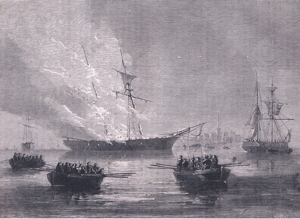 De verbranding van Gaspee, illustratie uit Cassells Geschiedenis van de Verenigde Staten uitgegeven door Cassell, Petter & Galpin, ca. 1900 (litho) door American English school