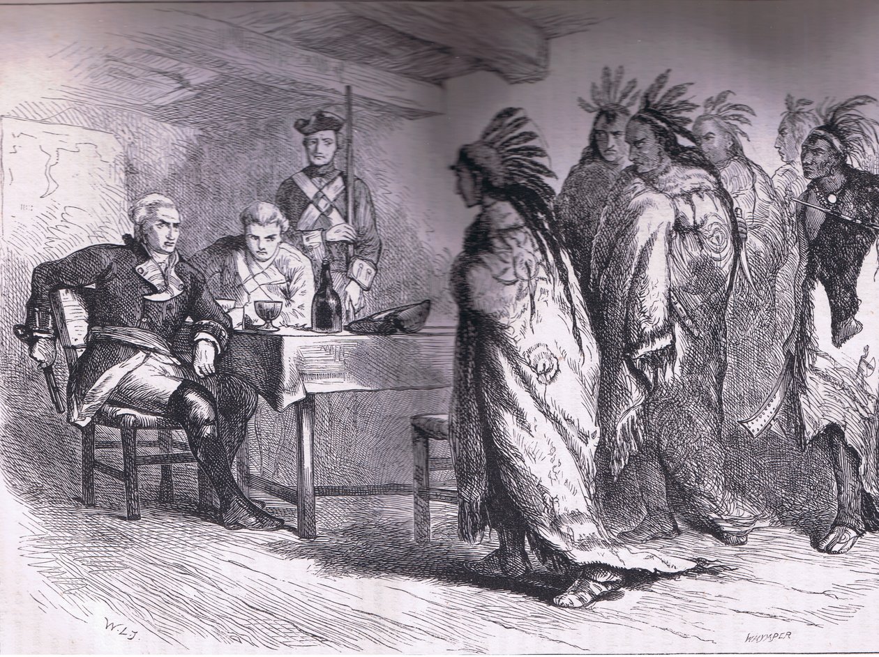 Bezoek van Pontiac en de Indianen aan Major Gladwin 1763, illustratie uit Cassells Geschiedenis van de Verenigde Staten uitgegeven door Cassell, Petter & Galpin, c.1900 door American English school