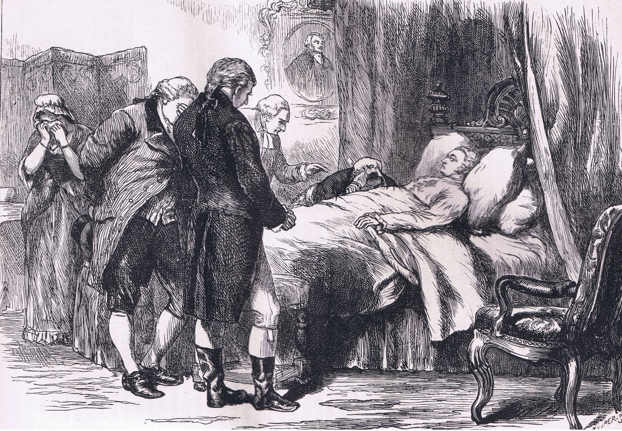 Washington op zijn sterfbed, illustratie uit Cassells Geschiedenis van de Verenigde Staten gepubliceerd door Cassell, Petter & Galpin, ca. 1900 (litho) door American English school