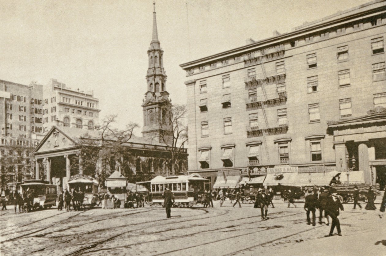 St Pauls Chapel en het Astor House, bij City Hall Park, New York City, 1892 door American Photographer
