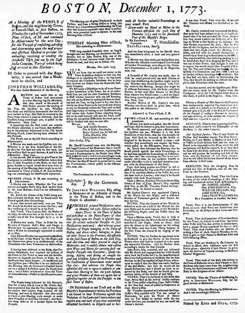Een krant met details over de gebeurtenissen van de Boston Tea Party, december 1773 door American School