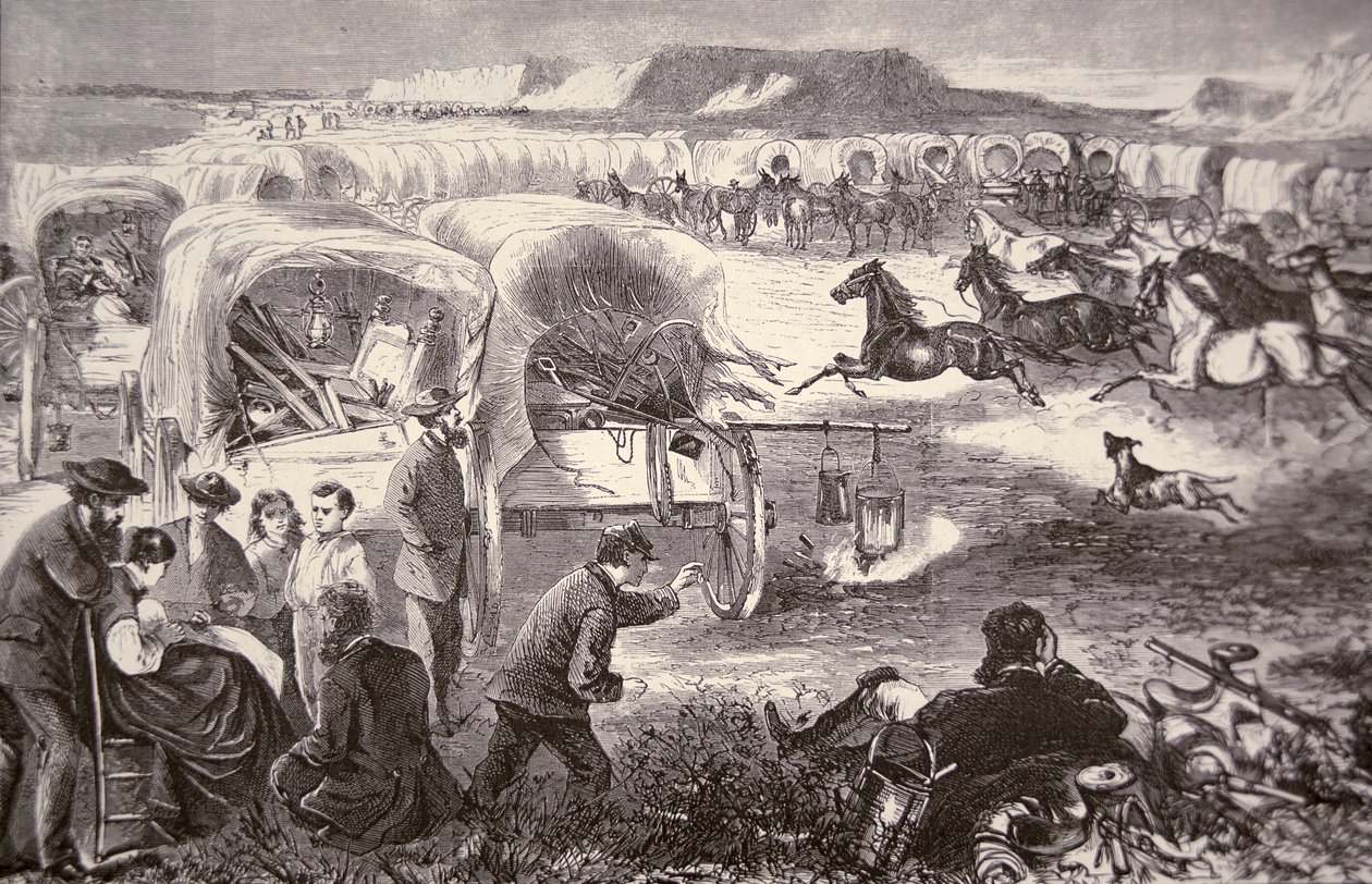 Een Wagenkaravaan gevormd tot een Kraal op de Oregon Trail door American School