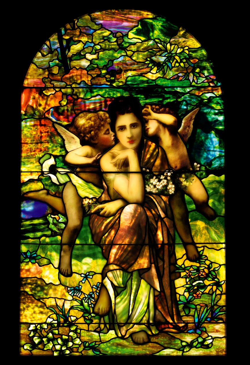 Een glas-in-lood en geplatineerd favrile glasraam, ca. 1895 door American School