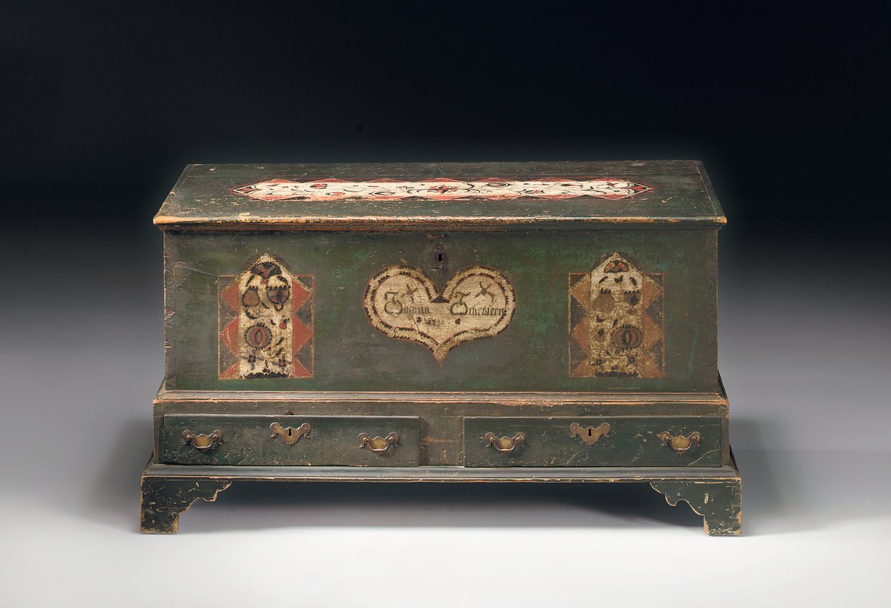 Beschilderde lift-top bruidskist, met inscriptie Susana Scheblern, waarschijnlijk Lancaster County, Pennsylvania, 1790 door American School