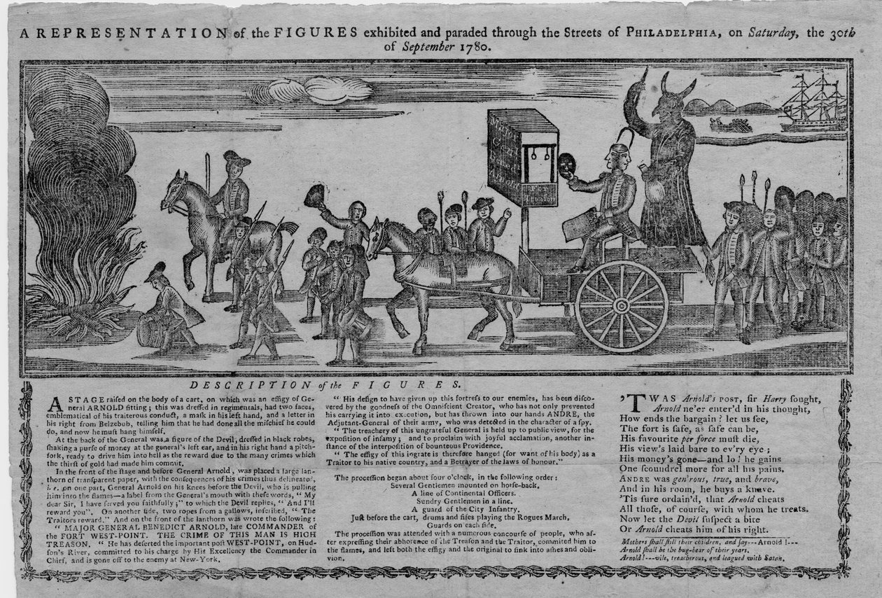 Een voorstelling van de figuren die door de straten van Philadelphia werden getoond en geparadeerd op zaterdag 30 september 1780 door American School