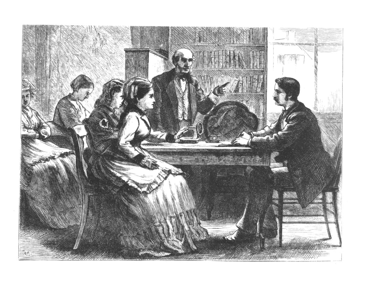 Een vrouw onderhandelt met een fabrieksmanager, bijgestaan door een adviseur van Susan B. Anthonys nieuwe Working Womens Protective Association, 1860s-70s door American School