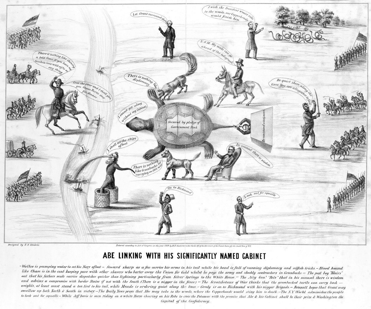 Abe Linking met zijn betekenisvol genaamde kabinet, gepubliceerd door M.E. Godwin in 1864 door American School