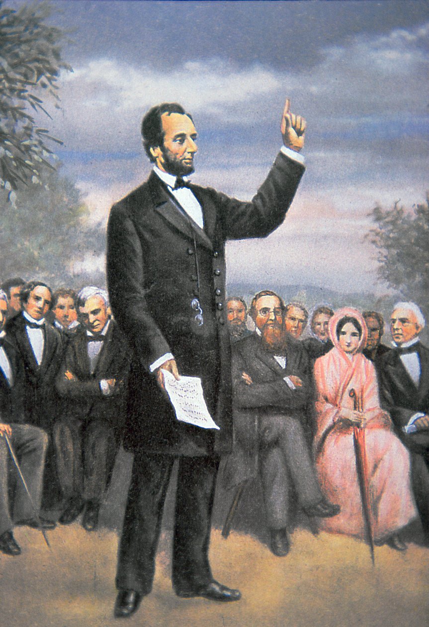Abraham Lincoln (1809-65) houdt de Gettysburg-toespraak in Gettysburg, Pennsylvania, november 1863 door American School