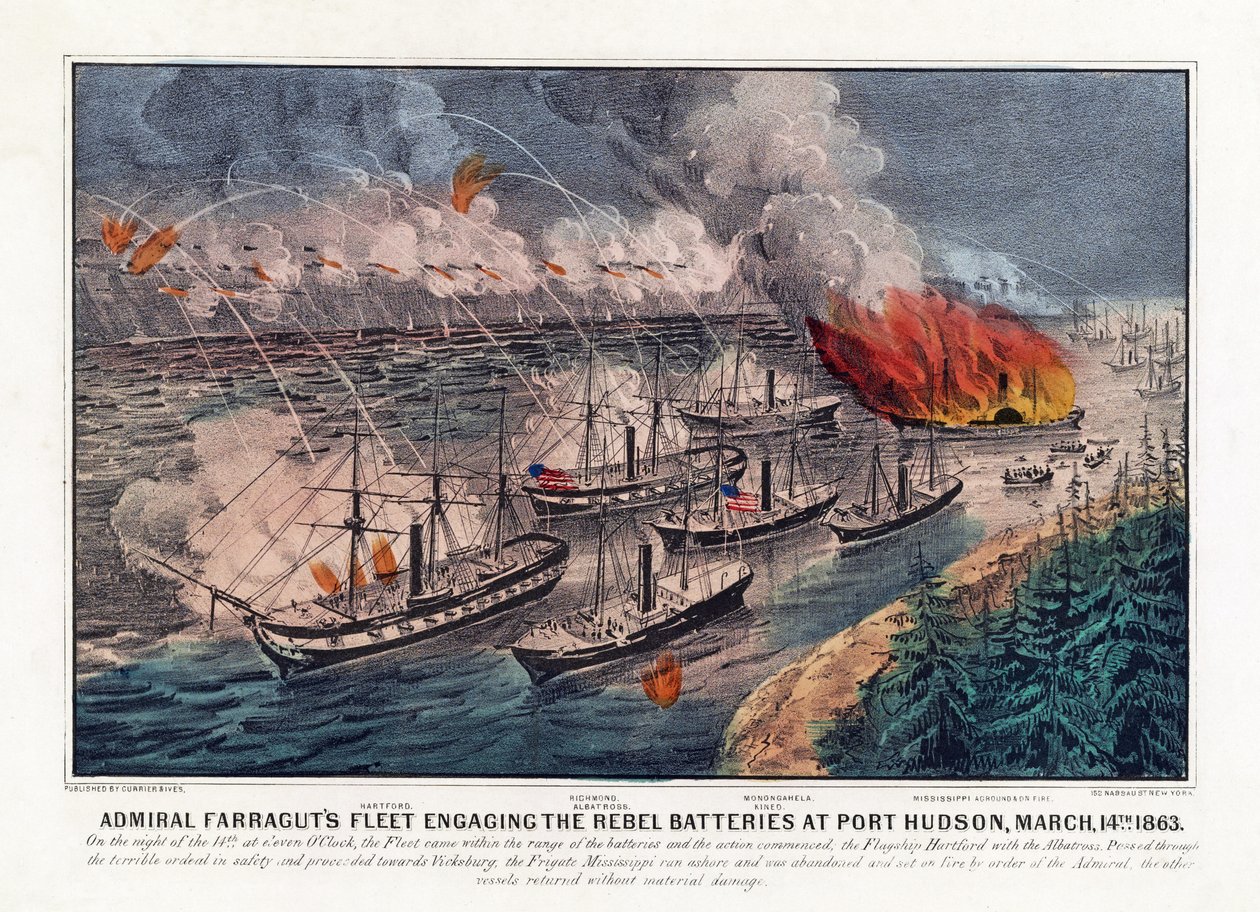 Vloot van admiraal Farragut in gevecht met de rebellenbatterijen bij Port Hudson, 14 maart door American School