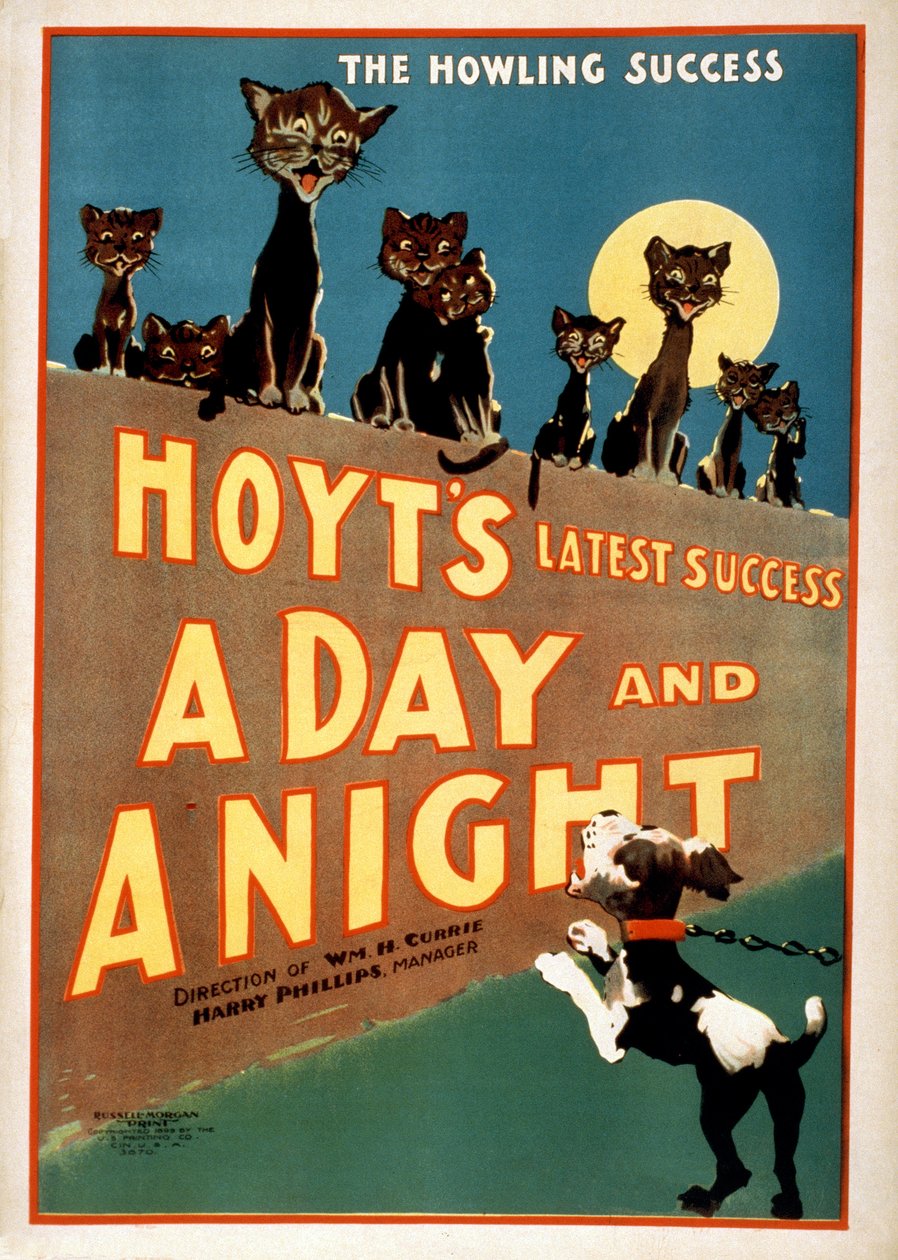 Advertentie voor Charles Hoyts A Day and a Night, pub. 1899 door American School