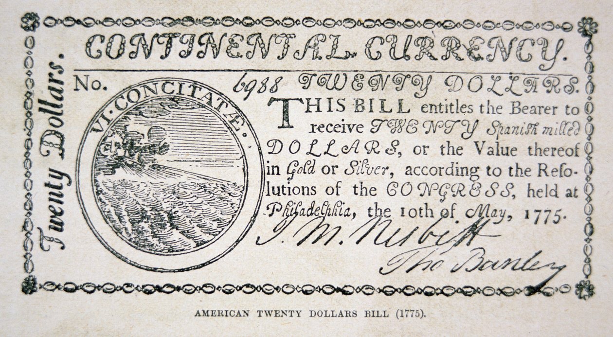 Amerikaanse twintig dollar biljet van 1775 door American School