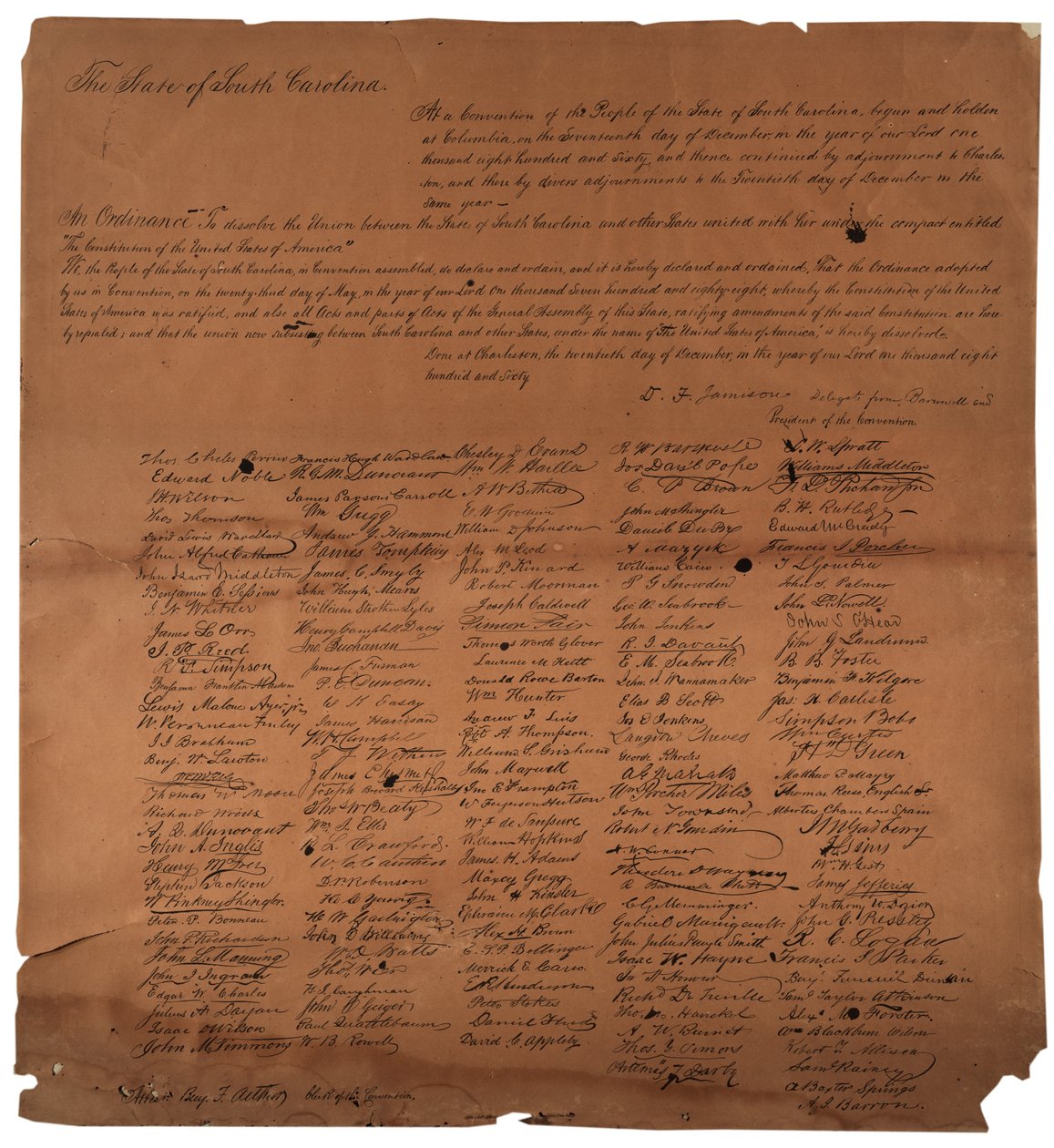 Een verordening om de Unie tussen de staat South Carolina te ontbinden, 20 december 1860, gedrukt 1861 door American School