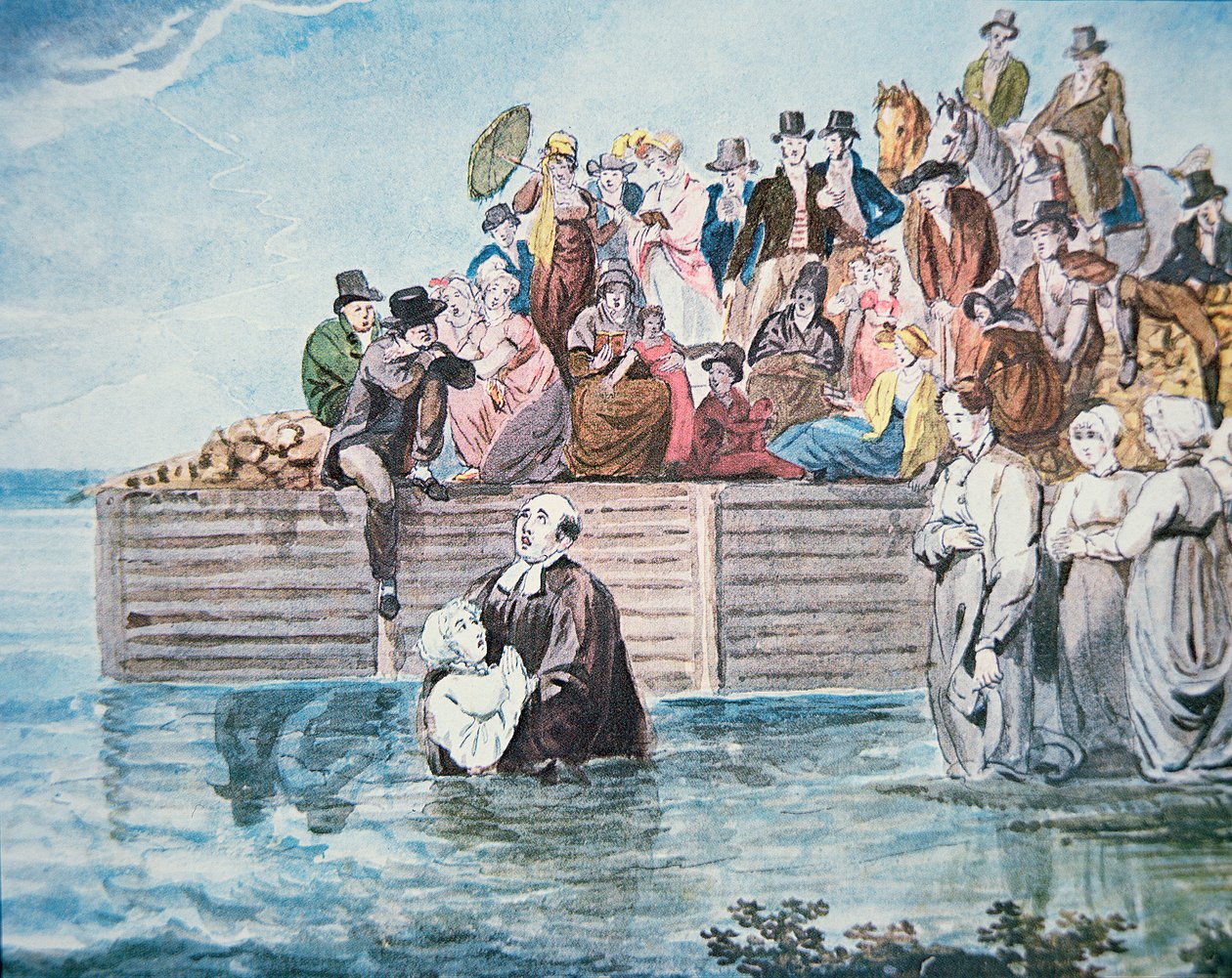 Anabaptisten van Philadelphia getuigen van een volledige onderdompeling doop in een rivier door American School