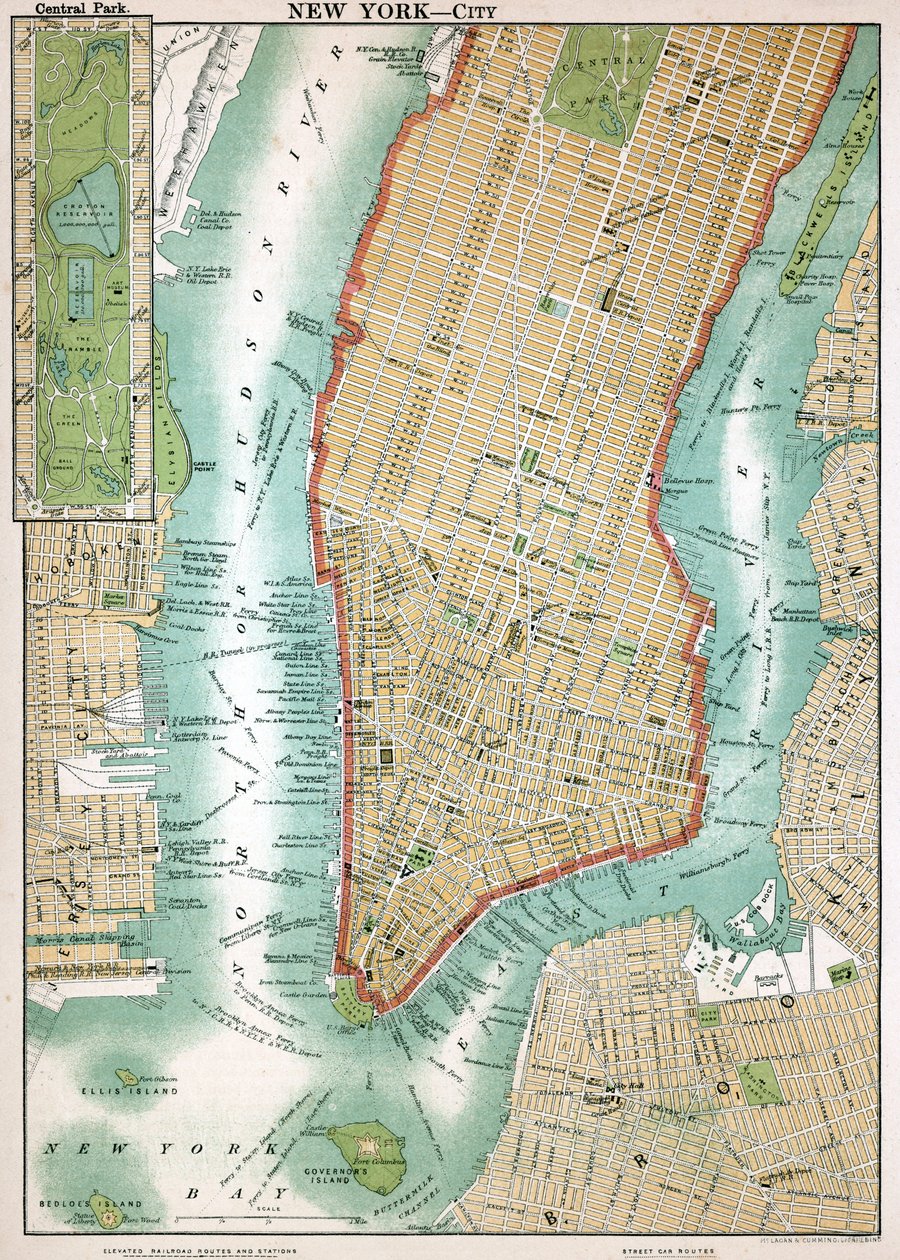 Antieke kaart van Lower Manhattan en Central Park door American School