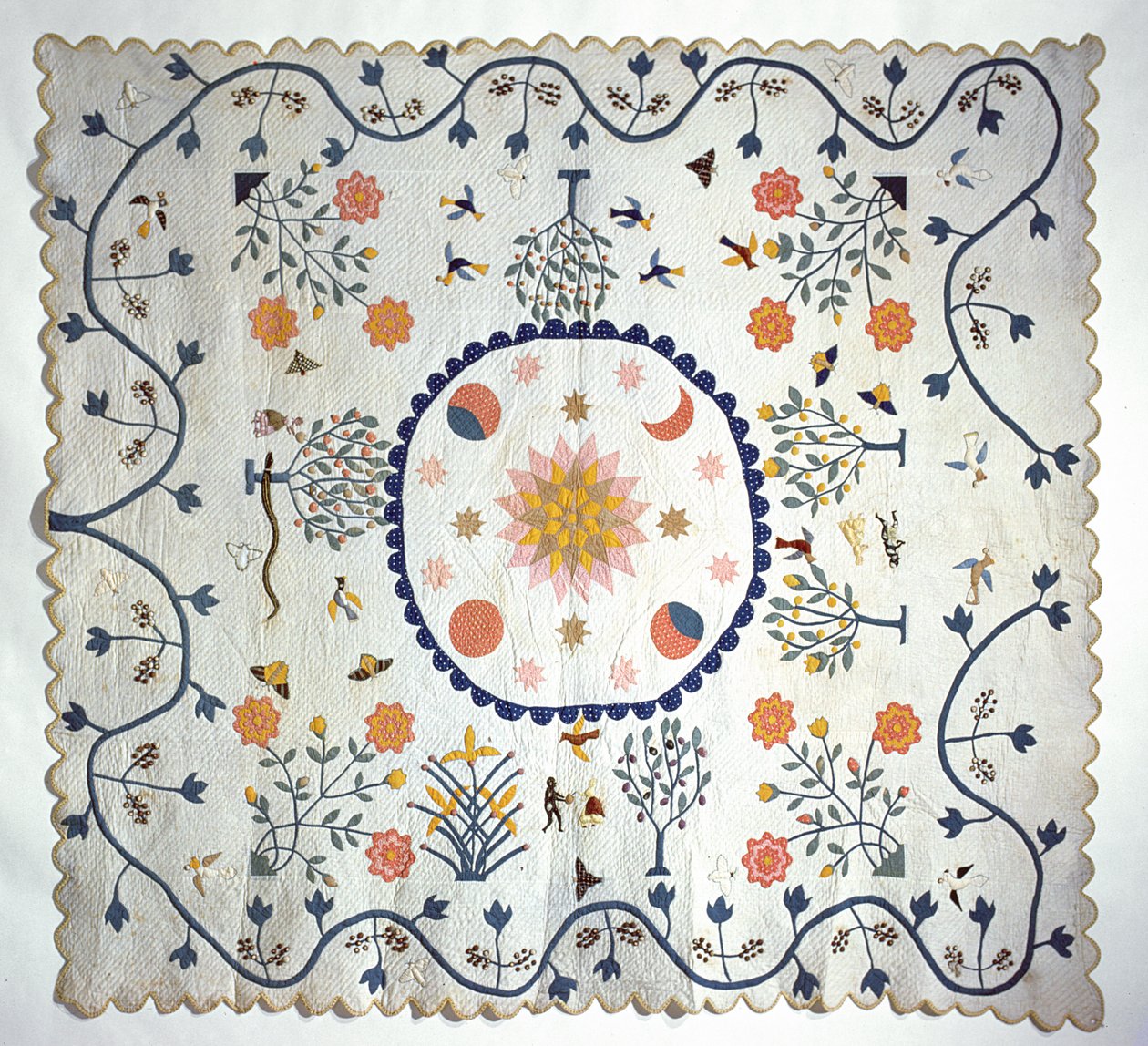 Applicatie quilt met Zon, Maan, Sterren en de Hof van Eden, uit Arkansas door American School