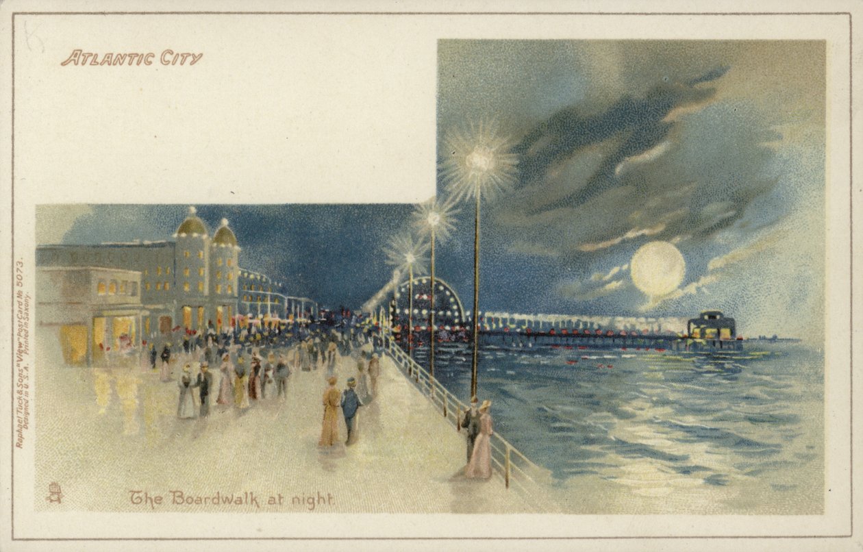 Atlantic City, de Boardwalk bij nacht (chromolitho) door American School
