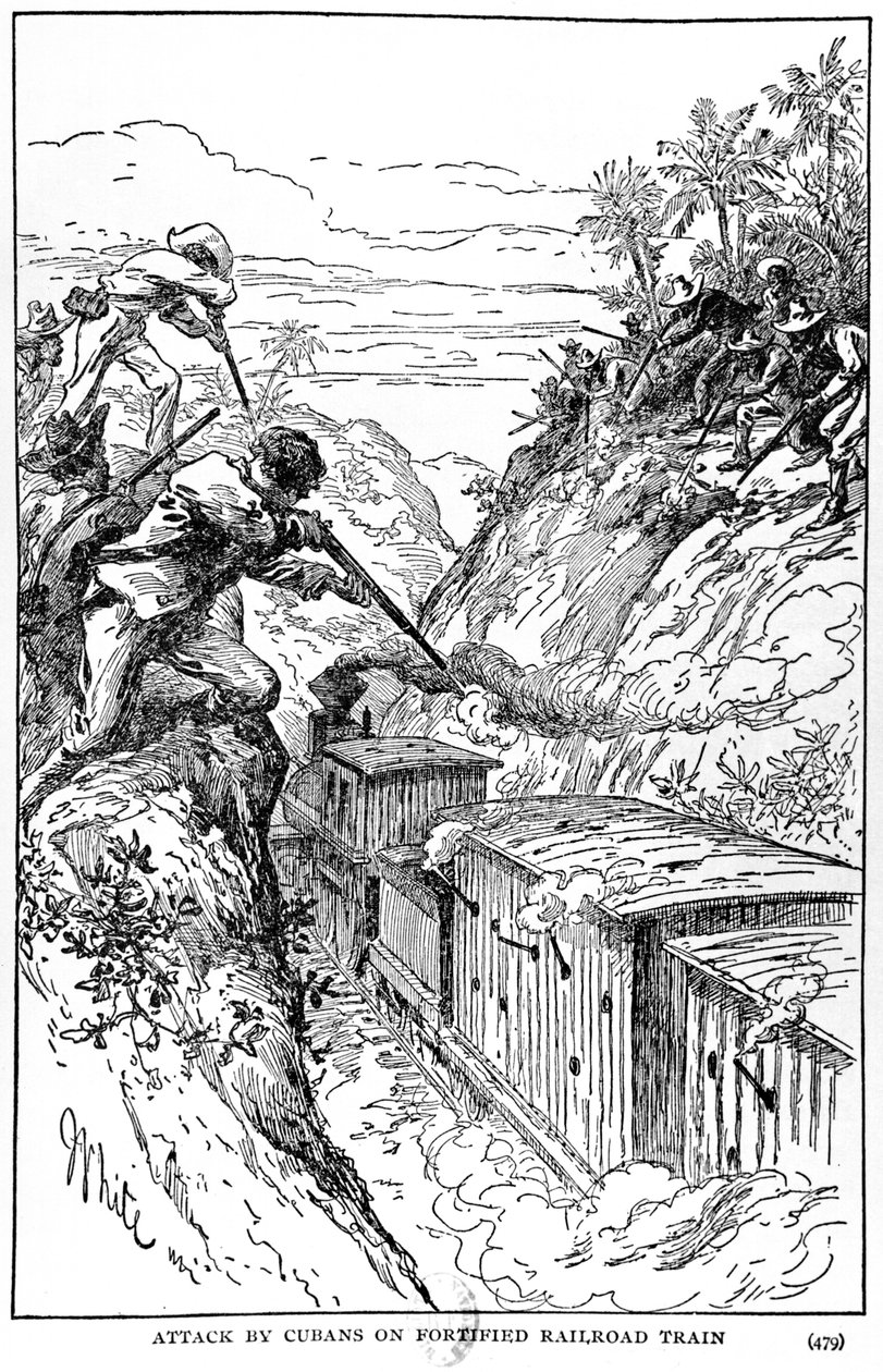 Aanval door Cubanen op versterkte trein, illustratie uit The Story of Cuba door Murat Halstead, gepubliceerd 1898 door American School