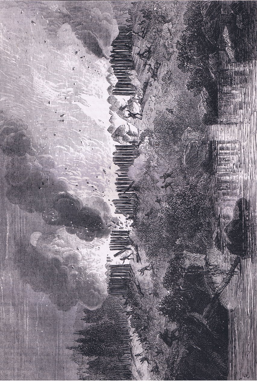 Aanval op het Pequot Fort, illustratie uit Cassell
