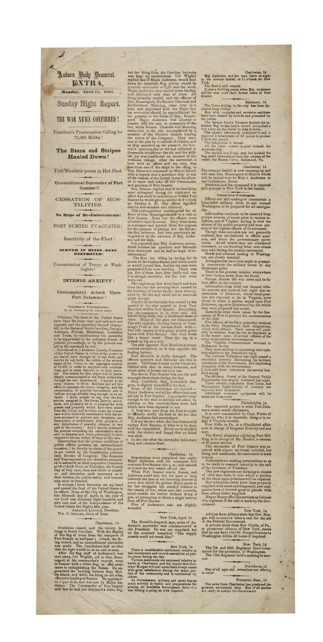 Auburn Daily Democrat Extra over Fort Sumter, 15 april 1861 door American School